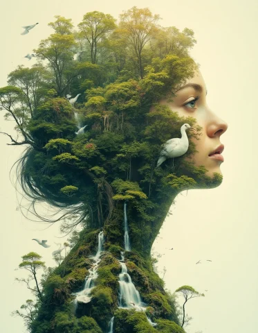 Dreamlike Double-exposure Profile Portrait Of A Serene Woman... — FLUX AI Prompt: Dreamlike double-exposure profile portrait of a serene woman whose head and body...