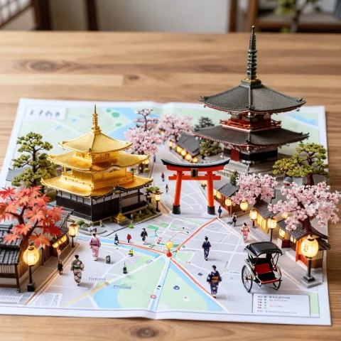 A Street-style Map Of Kyoto Placed On A Wooden Table, With A... — Stable Diffusion AI Prompt: A street-style map of Kyoto placed on a wooden table, with a photorealistic mini...
