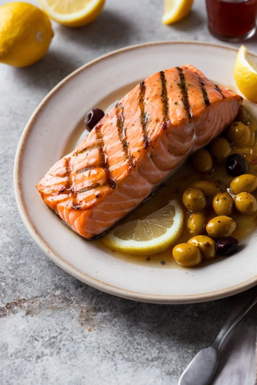 Food Photography Style,grilled Salmon Meat, Lemon, Olives, S...