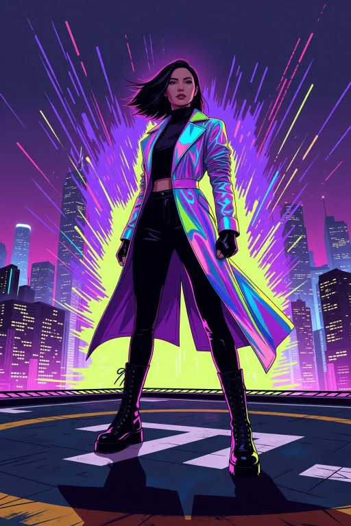 Supermodel On A Rooftop Helipad Under A Cyberpunk Sky, Weari...