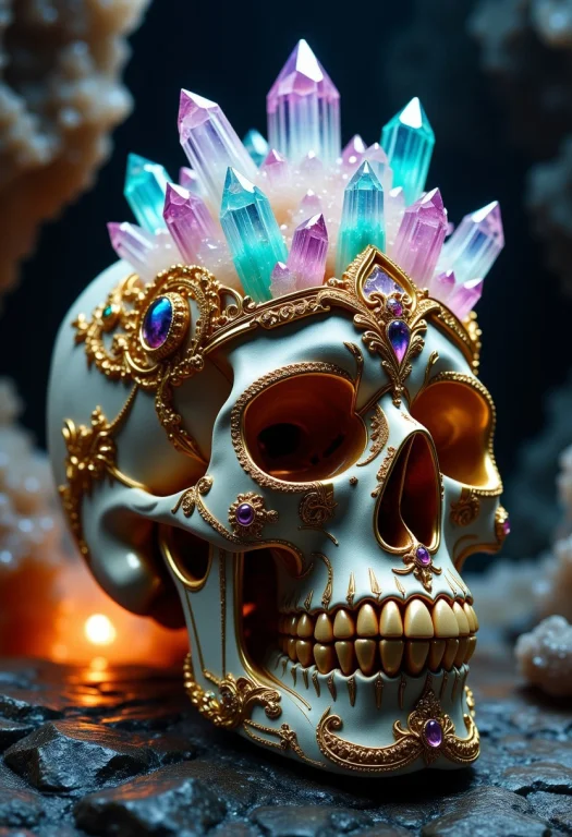 An Ornate Skull Is Decorated With Auraquartz Crystals. Lit B...