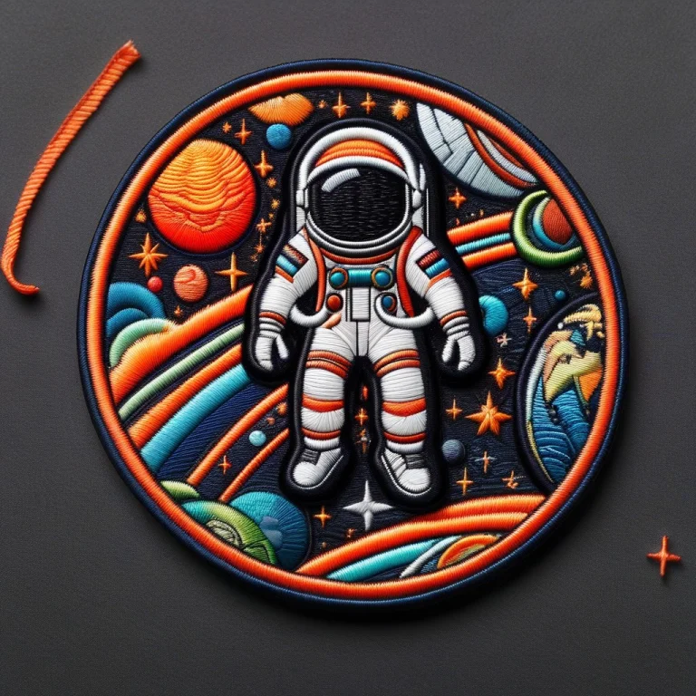 A Circular Embroidered Patch Of An Astronaut Floating In Spa...