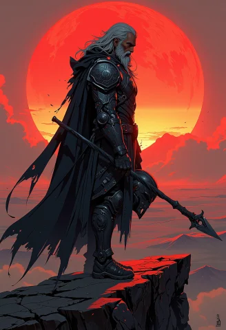 Standing Atop A Steep Cliff That Overlooks An Endless, Barre... — FLUX AI Prompt: Standing atop a steep cliff that overlooks an endless, barren desert, an ancient...