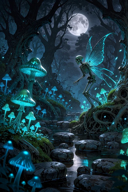 , Boneswm, An Enchanted Bone Forest At Night With Biolumines...