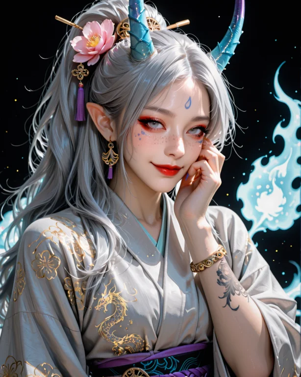 1girl, Solo, Looking At Viewer, Horns, Jewelry, Freckles, Ha...