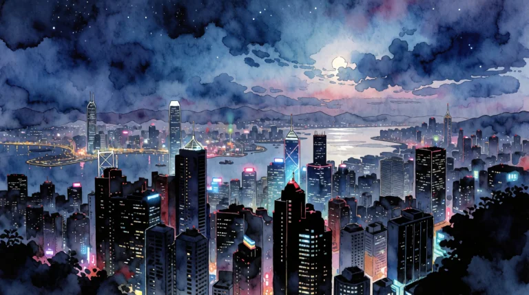 A Watercolor Anime-style Illustration Of A Nighttime Citysca...