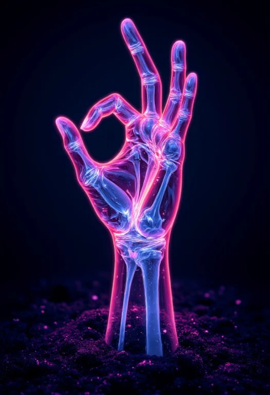 Neon Pink Outline Of A Hand Rising From The Damp Soil. The H...