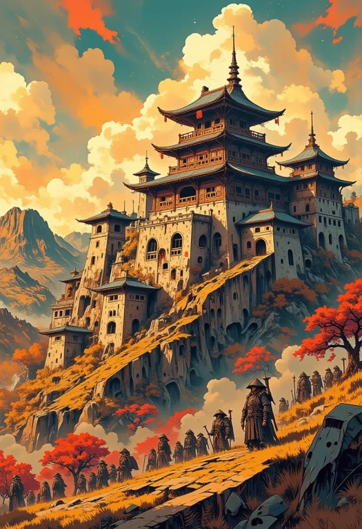 Japanese Medieval Castle On A Hill With Japanese Medieval So...