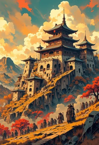 Japanese Medieval Castle On A Hill With Japanese Medieval So... — FLUX AI Prompt: Japanese medieval castle on a hill with Japanese medieval soldiers and samurai i...