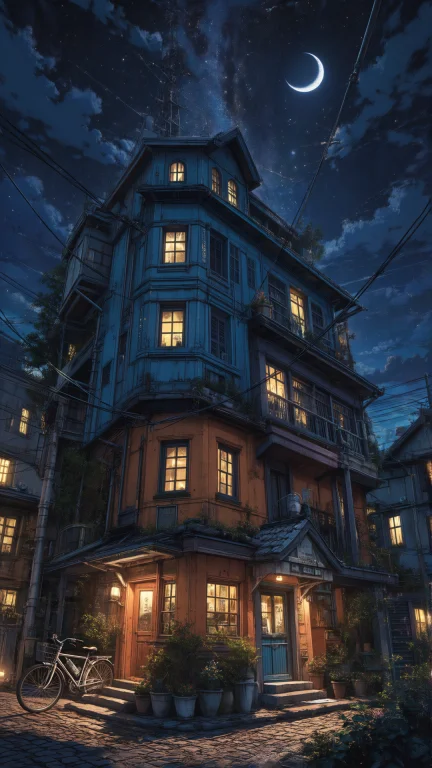Nature, Anime Style Night Scene Of A Tall, Quirky, Multi-sto...