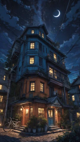 Nature, Anime Style Night Scene Of A Tall, Quirky, Multi-sto... — Stable Diffusion AI Prompt: nature, Anime style night scene of a tall, quirky, multi-story building on a cob...