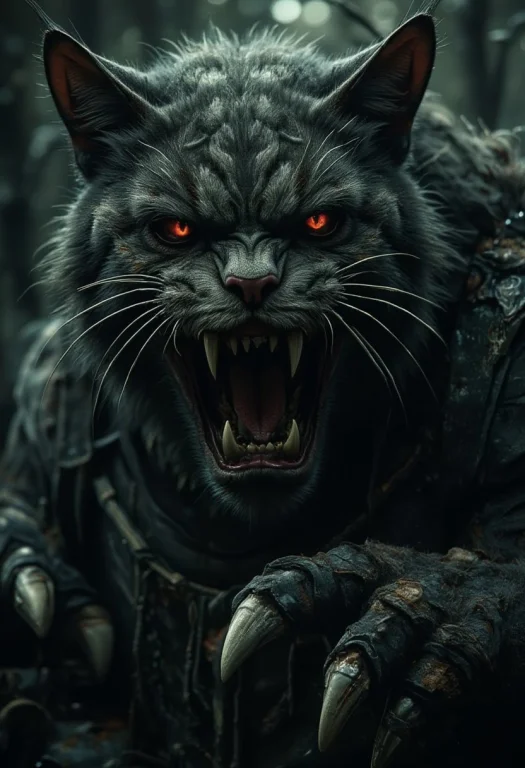 A Giant Cat Monster With Large Claws And Torn Clothes, In A...