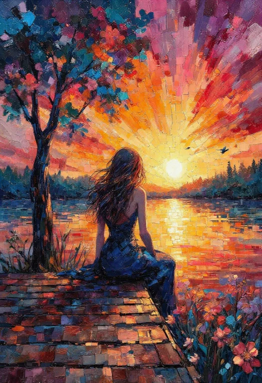 Vibrant Abstract Impasto Oil Painting Of A Solitary Young Wo...