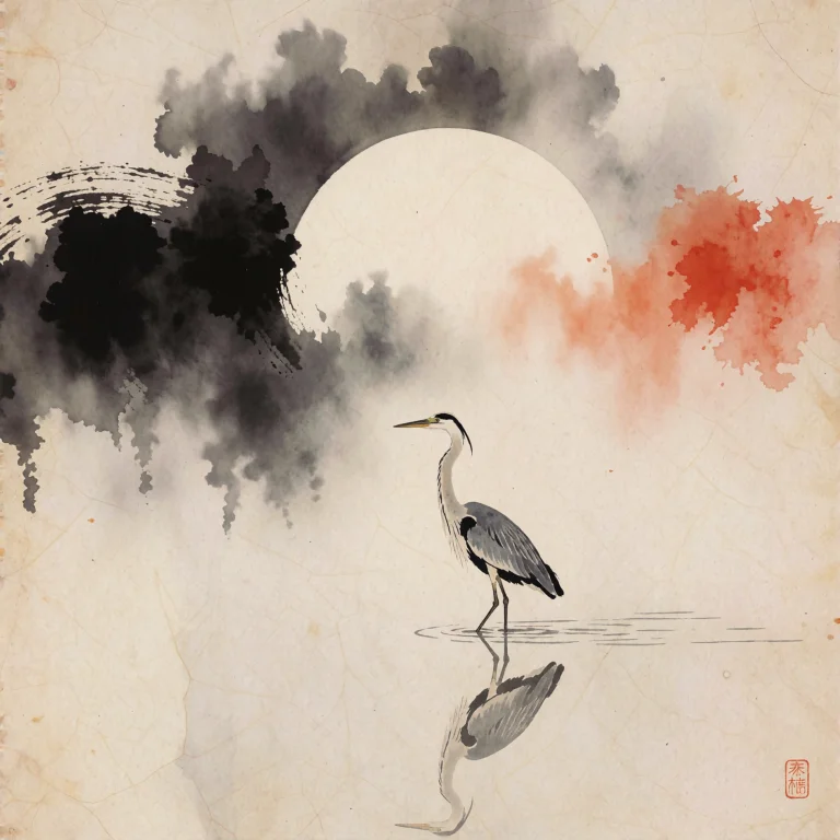 A Single Tall Heron Wading In Perfectly Still Shallow Water...