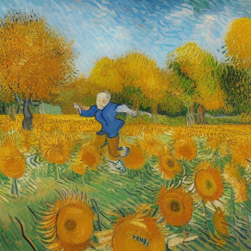 A Golden Retriever Running In A Park, Autumn Leaves, Sunflow...