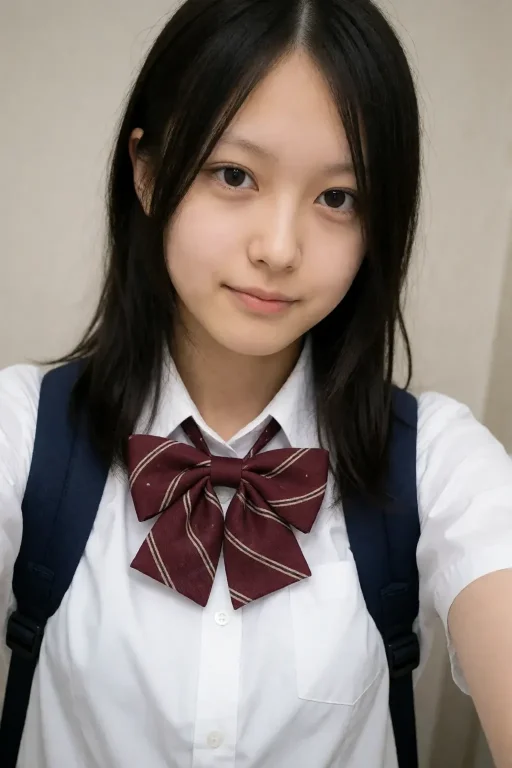 An 18-year-old Girl In A School Uniform Is Taking A Selfie.