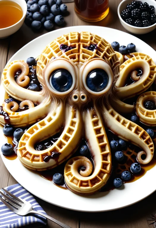 Intricate Octopus-waffle With Huge Googly Eyes, Drenched In...