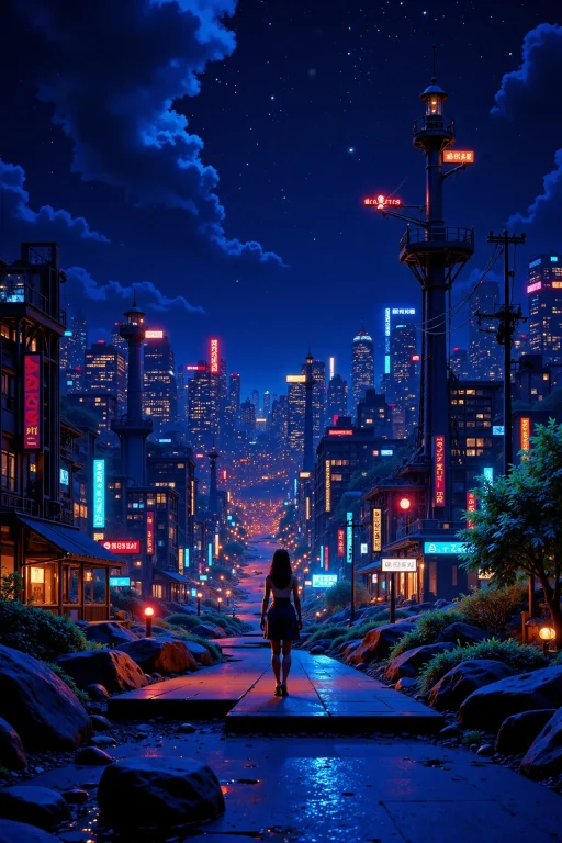 Industrial Beautiful Anime Landscape, Bright Luminous Night,...