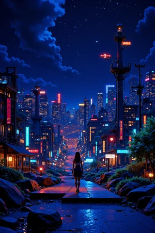 Industrial Beautiful Anime Landscape, Bright Luminous Night,... — Stable Diffusion AI Prompt: industrial beautiful anime landscape, bright luminous night, woman, very intrica...