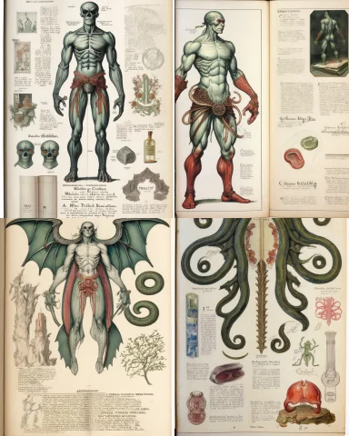 Full Page Scan Of 1800s Detailed Anatomy Book Medical, Cthul... — Stable Diffusion AI Prompt: full page scan of 1800s detailed anatomy book medical, cthulhu cross_section, my...
