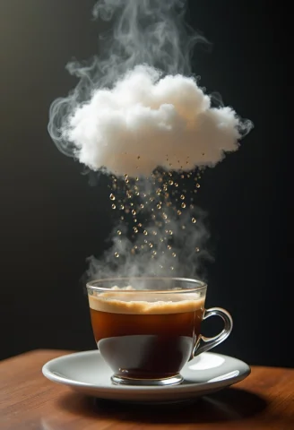 A Cup Of Coffee Where The Steam Forms A Cloud, Raining Tiny... — FLUX AI Prompt: A cup of coffee where the steam forms a cloud, raining tiny droplets back into t...