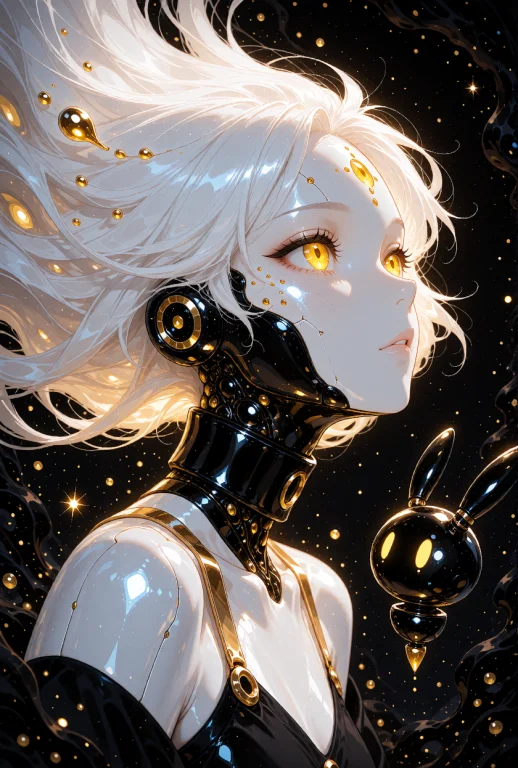 An Android Woman With Long, Flowing White Hair That Billows...