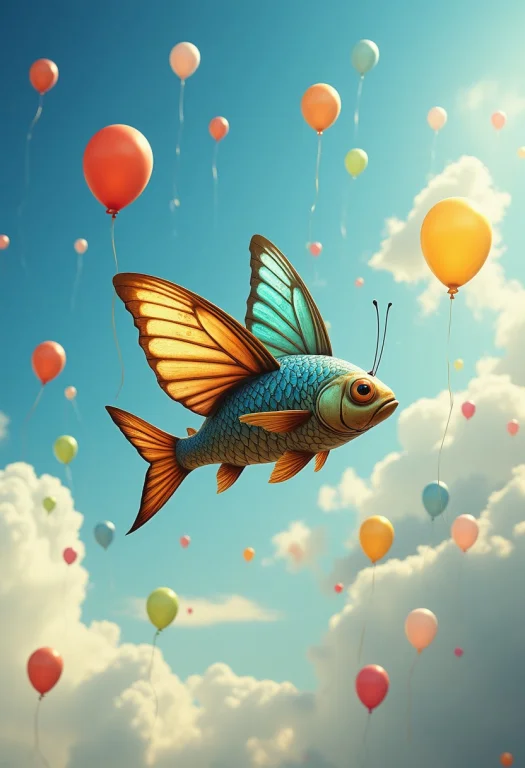 A Surreal Scene Featuring A Fish With Butterfly Wings, Glidi...