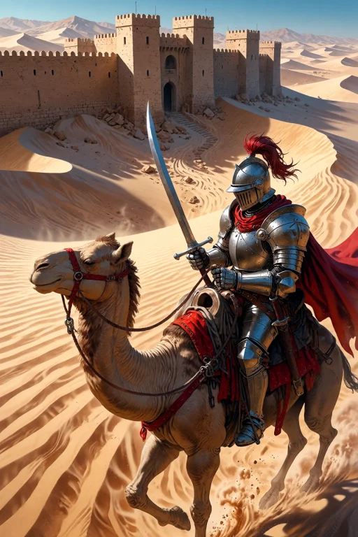 , Knight Riding A Camel Across A Desert Toward A Crusader Fo...