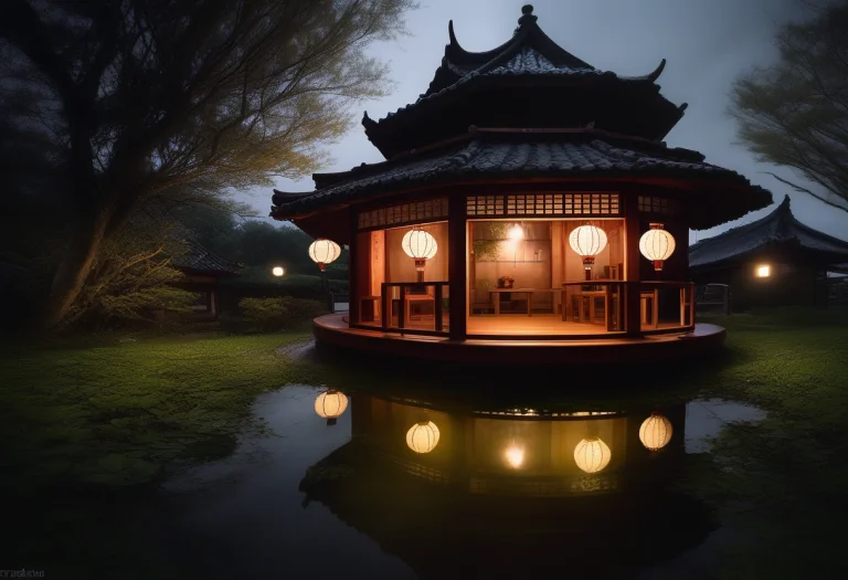 A Lantern-lit Teahouse Beside A Still Pond, Editorial Photog...