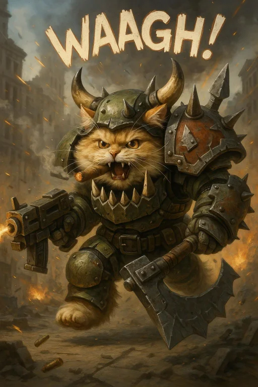 Generate Me A Cute Fluffy Cyborg Cat Dressed In A Warhammer...