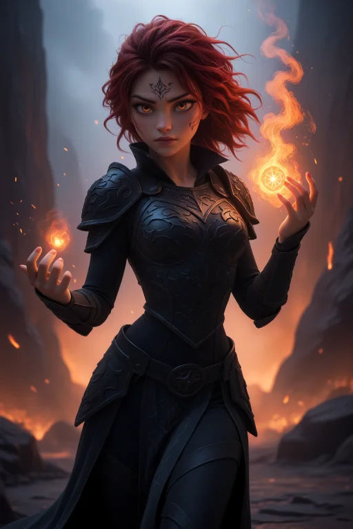 1girl, Medium Shot, Fierce Female Pyromancer, Glowing Amber...
