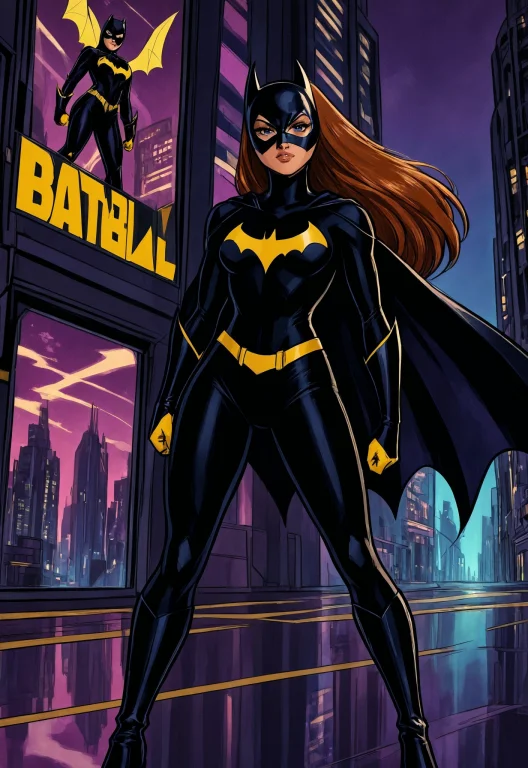 Batgirl Swinging Between Buildings At Night, Cape Spread Lik...