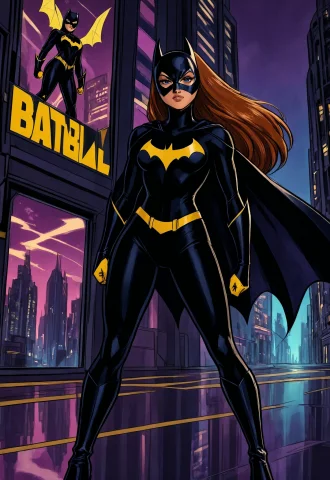 Batgirl Swinging Between Buildings At Night, Cape Spread Lik... — Stable Diffusion AI Prompt: Batgirl swinging between buildings at night, cape spread like wings, boots catch...