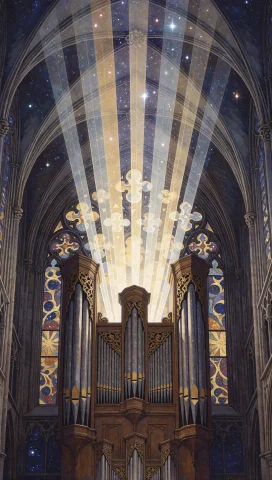 28. Gothic Cathedral Organ, Cosmic Pipework Extending Into S... — Stable Diffusion AI Prompt: 28. Gothic cathedral organ, cosmic pipework extending into starfield, celestial...