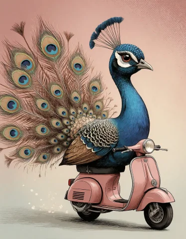 Funnycrushcomic, Elegant Peacock Balanced On A Tiny Scooter,... — Stable Diffusion AI Prompt: funnycrushcomic, elegant peacock balanced on a tiny scooter, massive tail fanned...