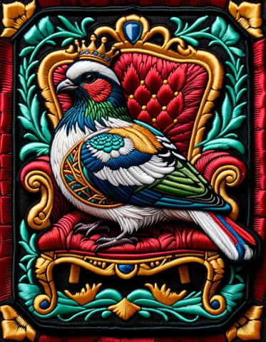 Extremely Detailed Embroidered Patch Portraying A Regal Pige... — SDXL AI Prompt: Extremely detailed embroidered patch portraying a regal pigeon seated on a golde...