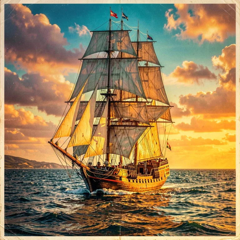 A Tall Ship Under Full Sail In Open Water, Vintage Poster Ar...