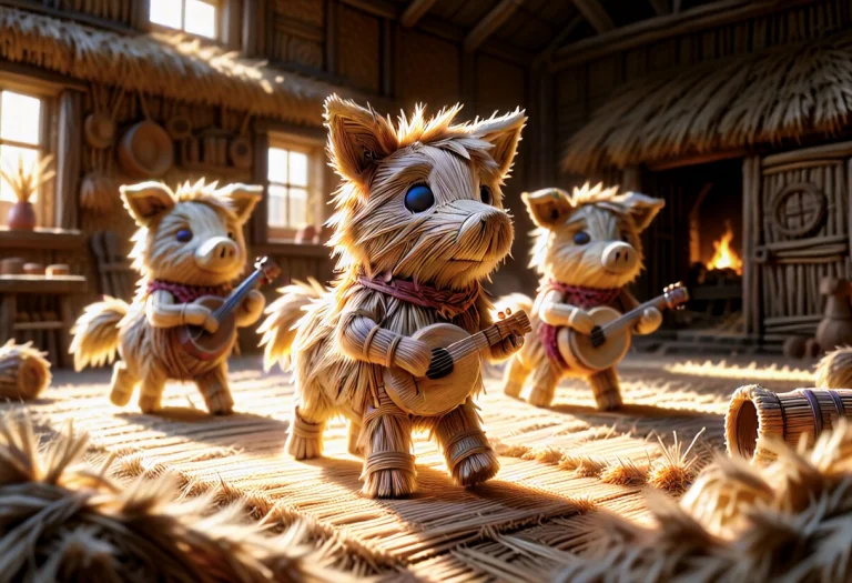 Macro Photo Of Three Little Pigs Made Entirely Of Woven Stra...