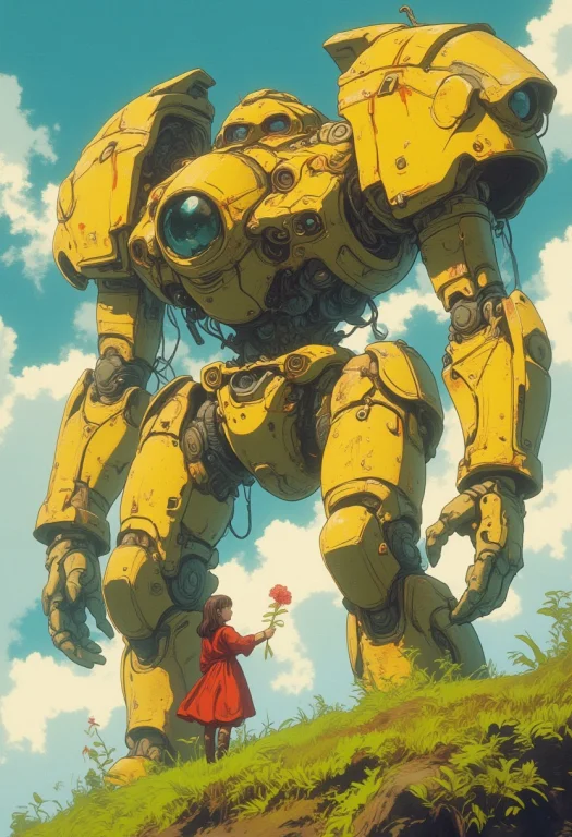 A Highly Detailed Art Of A Massive Yellow Mech, Towering Ove...