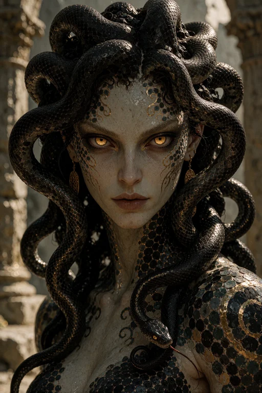A Striking Gorgon, Her Face Captivating Despite The Danger I...