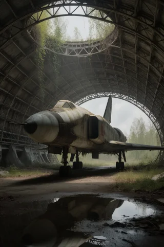11. Abandoned Space Program Facility, Soviet Buran Shuttle I... — Stable Diffusion AI Prompt: 11. Abandoned space program facility, Soviet Buran shuttle in hangar, 30 years o...
