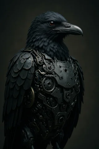A Futuristic, Stylized Raven Combines Organic Features With... — FLUX AI Prompt: A futuristic, stylized raven combines organic features with mechanical elements....