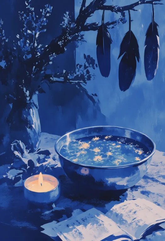 A Silver Bowl Of Rainwater Sits On A Worn Table Of Charred W...