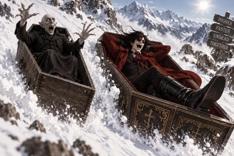 A Dynamic, High-energy Scene Featuring Count Orlock From Nos... — Stable Diffusion AI Prompt: A dynamic, high-energy scene featuring Count Orlock from Nosferatu and Alucard f...