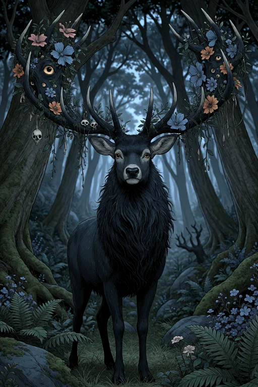 Gr4venbloom, Magnificent Black Stag Standing In A Moonlit Fo...