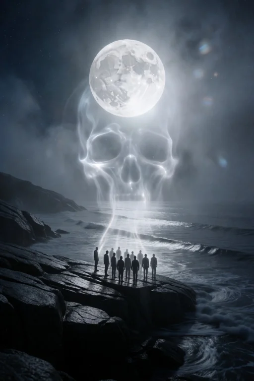 A Cluster Of Tiny, Silhouetted Figures Stands On A Jagged, W...
