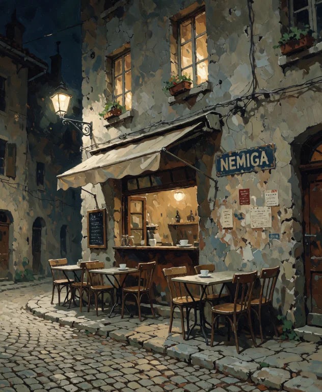 A Nighttime Street Scene Of A Quiet European Caf, Rendered I...