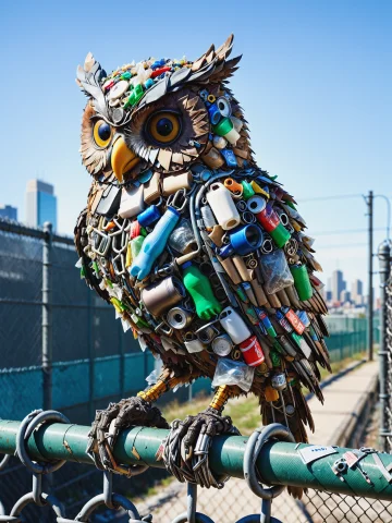 Owl Made Of Mad-garbage Perched On A Chain-link Fence, City,... — SDXL AI Prompt: owl made of mad-garbage perched on a chain-link fence, city, , raw photo, film g...
