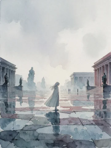 Stable Diffusion Artwork — Stable Diffusion AI Prompt: A solitary girl standing motionless in the center of an enormous empty stone pla...
