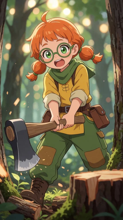 An Excited Anime-style Girl Cutting Trees Down In A Forest W...